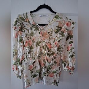 Zara Pink Floral Blouse – Romantic Ruffle Sheer Top, Size Small